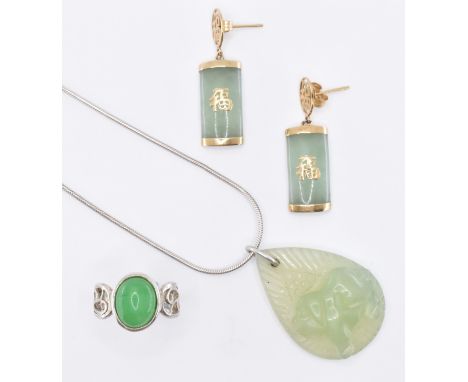 A group of jade set jewellery to include a pair of 9ct gold and jade drop earrings (marked 375 to the posts, measures 3.1cm, 