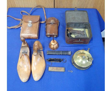 A KODAK FOLDING CAMERA, AN ORILUX LAMP a Primus stove (in tin), a pair of wooden shoe trees and other items