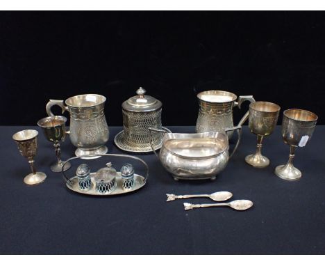 A GEORGE V SILVER TWO HANDLED SUGAR BASIN by Barker Brothers, Chester 1920, 6 tr. ozs with a quantity of silver plated items.