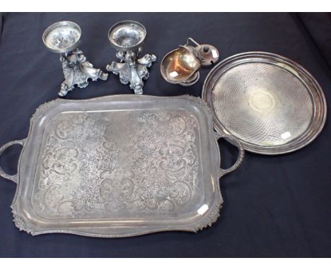 AN ELKINGTON SILVER-PLATED TRAY, ENGINE TURNED another tray a pair of decorative comport stands (no dishes) and other items