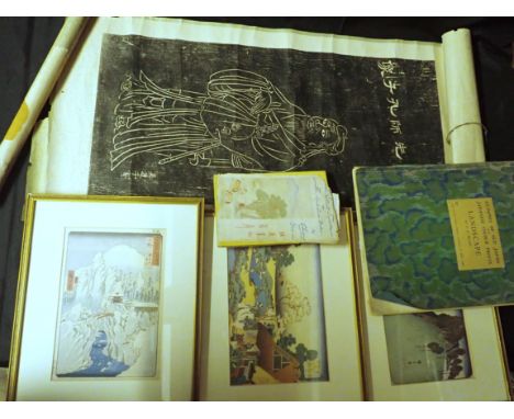 A CHINESE PRINTED SCROLL (A/F), WITH 'GLIMPSES OLD JAPAN' from Japanese colour prints (The Studio Publications), with three f
