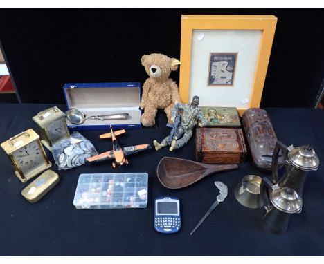 A MODERN STEIFF BEAR, MARBLES, WATCH DIALS New Zealand carvings, plated tea set and sundries