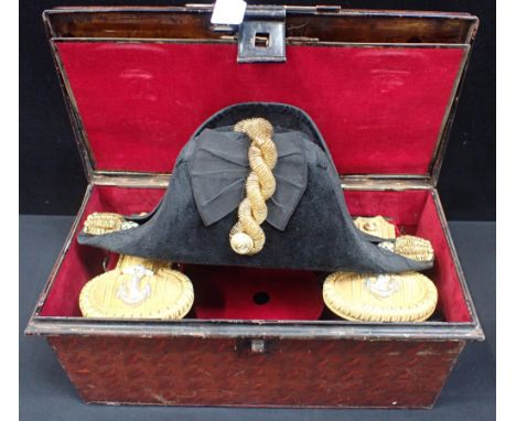 R.N. OFFICERS HAT &amp; EPAULETTES, THE CASE LABELLED 'J.R.SIMPSON' the hat by Goode's Portsmouth, with belt, the Japanned an
