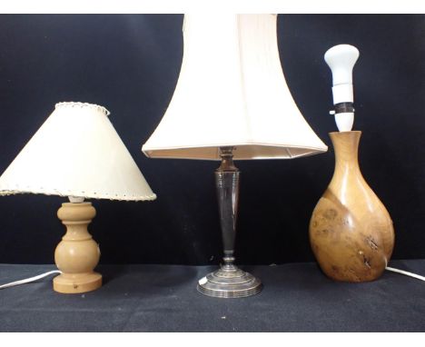 AN ART DECO MAPPIN &amp; WEBB SILVER-PLATED TABLE LAMP (for re-wiring), and two modern turned wood table lamps (3)