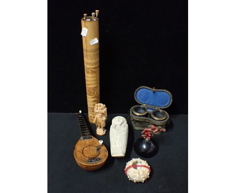 A VICTORIAN MINIATURE LUTE, WITH MUSICAL MOVEMENT a quiver of 'poison darts', opera glasses, lead Krampus figure and other it