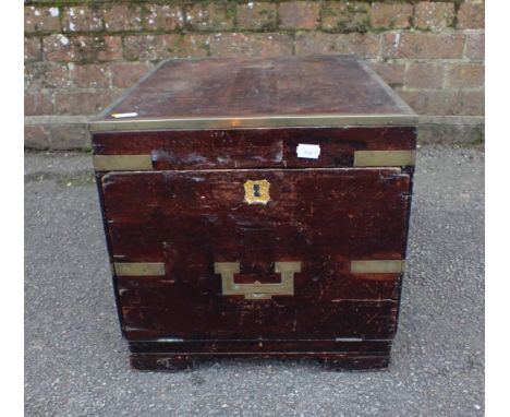 A SMALL 19TH CENTURY CAMPAIGN CHEST altered to make a school trunk, with hinged front flap to short side opening to a shallow