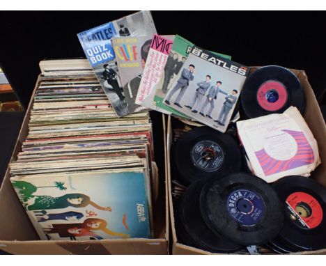 A QUANTITY OF VINTAGE VINYL ALBUMS INCLUDING ABBA together with a quantity of vintage vinyl singles including Queen Spread Yo