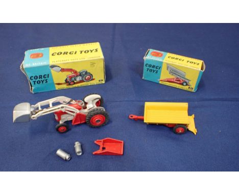 CORGI TOYS MASSEY-FERGUSON 65 TRACTOR WITH SHOVEL, MODEL 53 and 30 cwt trailer, model 51, both boxed (2)