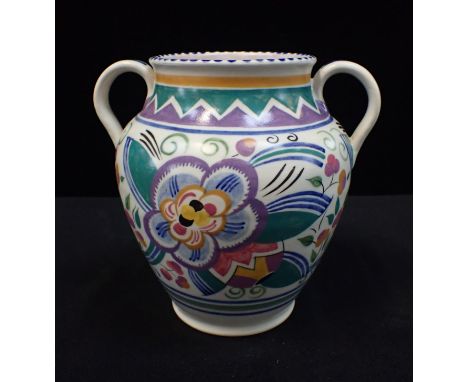 TRUDA CARTER POOLE POTTERY a two-handled vase painted with an unmarked pattern, impressed Poole England mark, 19 cms high