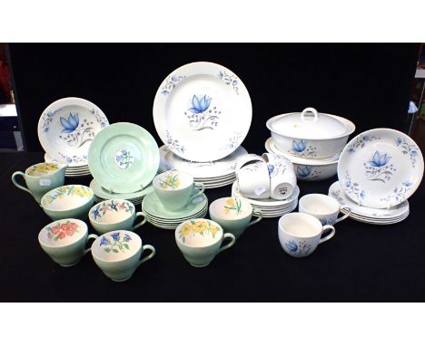 A POOLE POTTERY BLUE FLORAL DINNER SERVICE for six, and a tea set amateur decorated on Spode, Copeland blanks