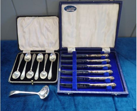 GEORGE V SET OF SILVER TEASPOONS Levi &amp; Salmon Birmingham 1927, Queen Elizabeth II set of six Silver handled knives with 
