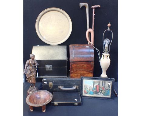 AN ORIENTALIST LAMP, A SENUFO STYLE BOWL and sundries, including a spelter figure, a letter box (made from a clock case), an 