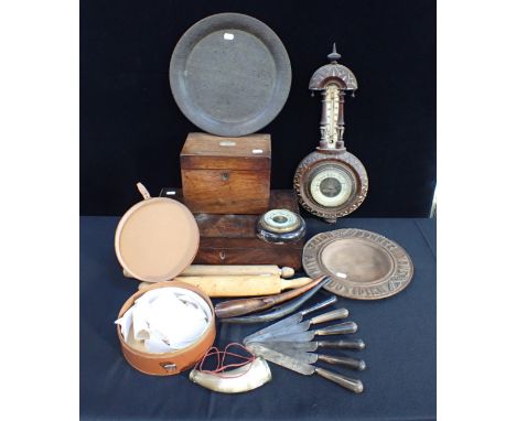 A 19TH CENTURY ROSEWOOD TEA CADDY 'IN MEMORY OF CC' six 19th cent. horn-handled knives, a burr walnut writing slope (a/f), an