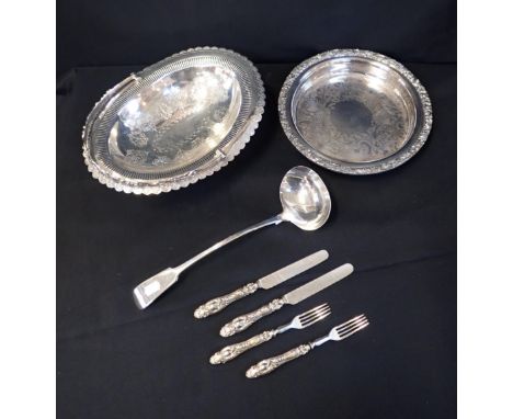 A VICTORIAN SILVER-PLATED BASKET pierced and engraved with swags and a shaped leaf rim, swing handle also decorated, Alfred B