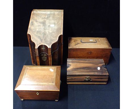 A GEORGE III CUTLERY BOX, CONVERTED TO A STATIONERY BOX with a sarcophagus shape tea caddy, a sewing box and another box