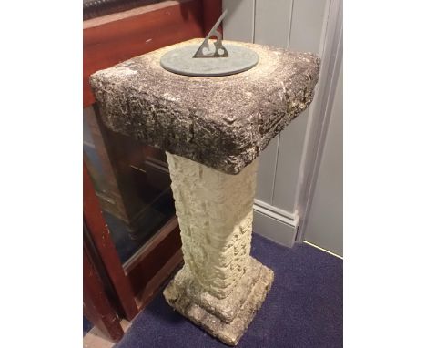 AN ANTIQUE STYLE BRASS SUNDIAL 'Sunny Hours' 20cm dia, on a reconstituted stone column 84cm high