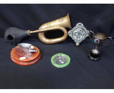 MOTORING: A 'DELUXE' CAR HORN (bulb a/f), a St Christopher car badge, a Welsh Pony Club car badge, a chrome mascot, and a Goo