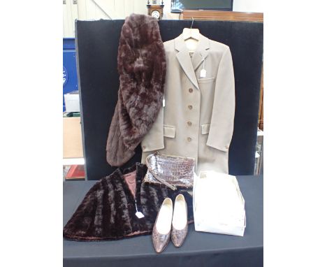 HARRODS: A GENTLEMANS' BROWN CLOTH OVERCOAT tailored by Chester Barrie, size 38 regular, a pair of Russell &amp; Bromley brow