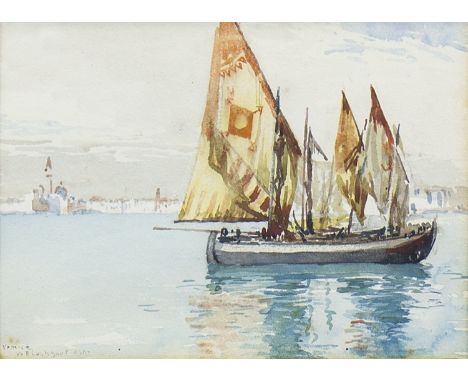 WILLIAM EWART LOCKHART RSA (SCOTTISH 1846 - 1900), VENICE LAGOON, WITH SANTA MARIA DELLA SALUTE IN DISTANCE watercolour sketc