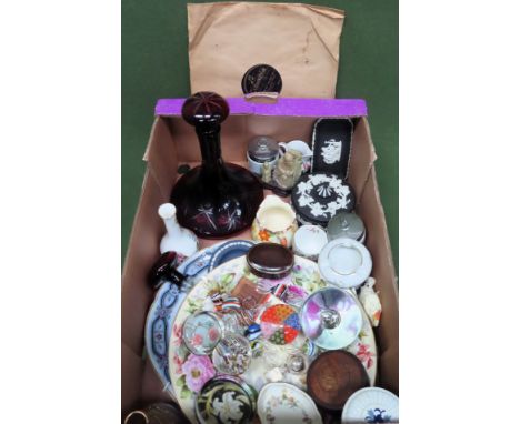 Sundry items Inc. ruby decanter, paperweights, soapstone carving, Wedgwood Jasperware, etc

all used and unchecked 