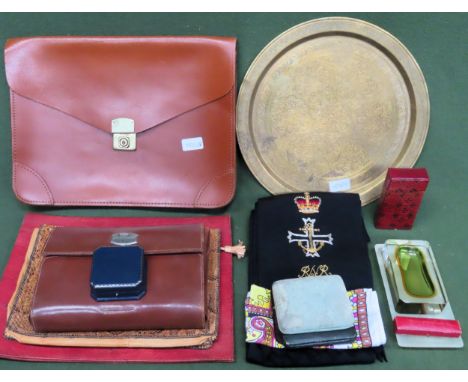 Sundry lot including brass tray, bag, gents grooming kit, embroided sash etc

All in used condition, unchecked 