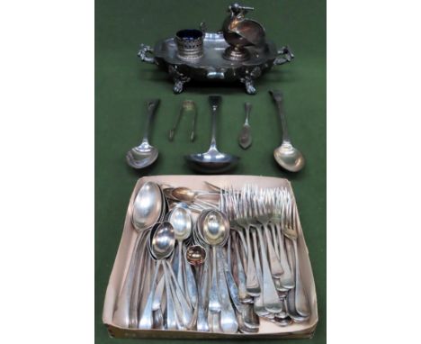 Silver plated two handled serving dish with cover, plus various silver plated ware and flatware including serving spoons, lad