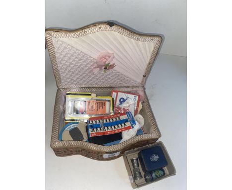 Vintage wicker sewing box &amp; contents, thimbles inc some silver, cloisonne, Wedgwood. 