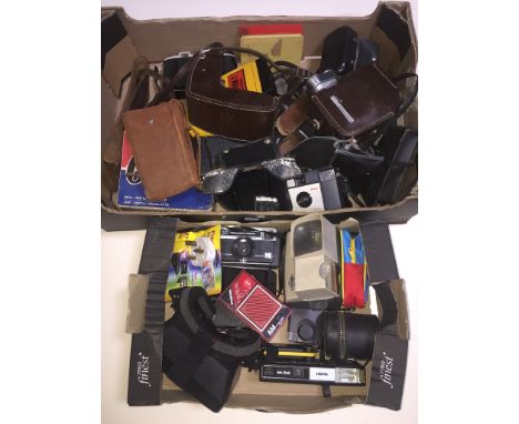 2 boxes of cameras and accessories to include Tele-Flash Nova, Kodak Instamatic camera, a 1920s Ansco No3 folding camera, Kod