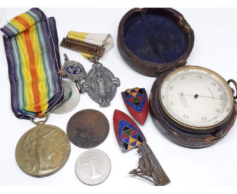 A mixed lot comprising brass compensated compass in leather case, a WWI victory medal 13740 PTE T. MEREDITH L.N. LAN. R. ETC.