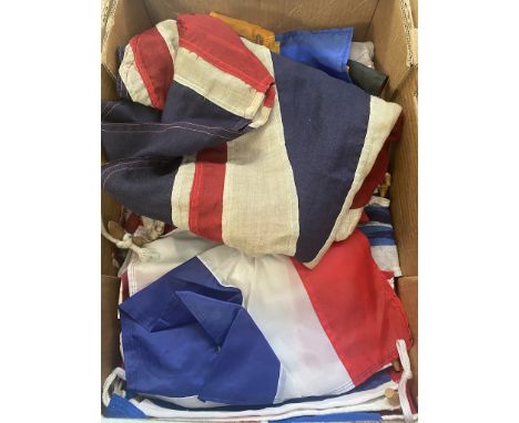 Box containing various flags including vintage Union JackCondition:- 1 panel stitched Union Jack flag 65" X 33": a few areas 