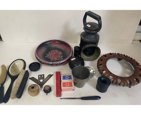 A box of various collectables to include a signal lamp, a Wilkinson Ltd. bowl on stand, a glass paperwight, a vintage hand mi