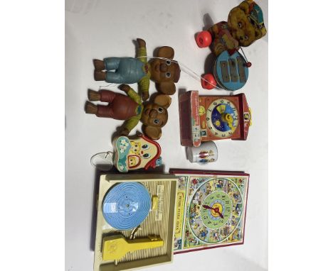 Collection of vintage toys including Fisher Price and Pinky and Perky 