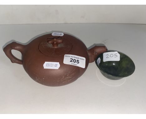 Antique signed Yixing teapot with incised calligraphy &amp; scene and a spinach jade rice wine cup.