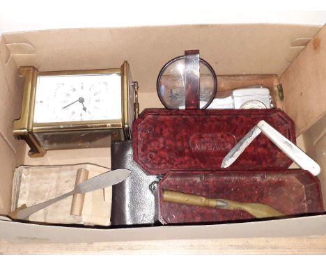 A brass carriage clock signed Bayard, together with a hallmarked silver and mother of pearl handle pen knife etc. 