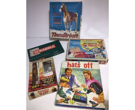 A selection of games to include Hats Off, Action figure, Scrabble, Johnny West Thunderbolt horse, Walt Disney Disneyland proj