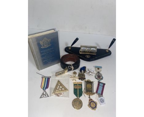 A vintage Masonic deskstand with perpetual calendar and various jewels/ medals and belt 