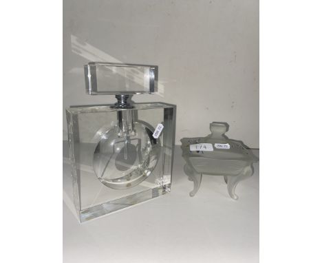 A large glass display scent bottle &amp; opaque glass and enamel lidded trinket box 
