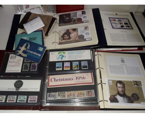 A stamp collection, six albums comprising FDCs, coin covers, mint stamp presentation packs etc. together with various ephemer