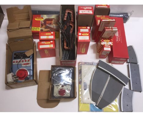 A quantity of Hornby 00 gauge model railway including two transformers, Ticket Office Platform Unit Pack R.582, other platfor