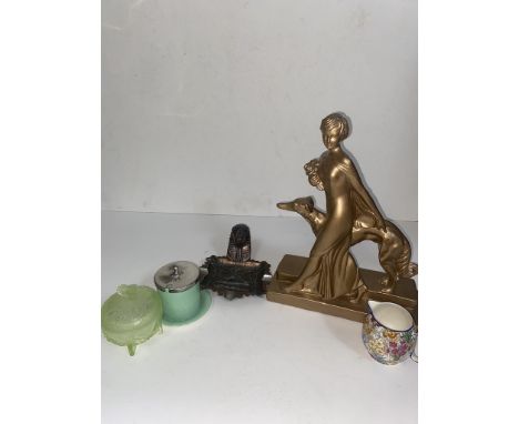 5 vintage Art Deco items including figurine, Doulton and uranium glass powder bowl etc 