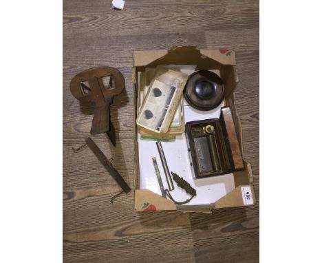 A box of collectables to include a music box, a vintage slide viewer with slides and a vintage thermometer etc. 