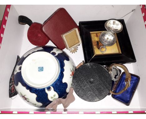 A mixed lot including a Worcester 18th century porcelain slop bowl, a painted tile, a compass, a Sekonda wristwatch etc. 