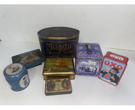 A box of various vintage tins, inc Dainty Dinah, Rowntrees, etc. 