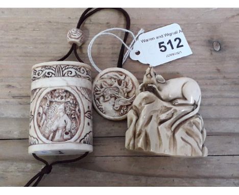 A Japanese carved bone inro and a Japanese carved ivory netsuke modelled as a rat stood on natural ground. 