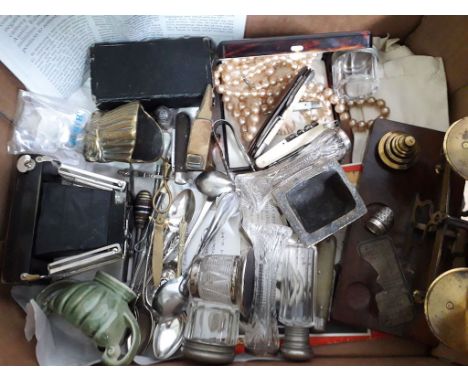 A box of bric a brac including scales, hallmarked silver etc. 