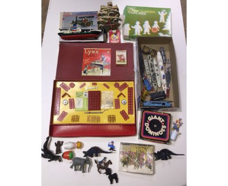 Various vintage toys including Lynx model construction set, die cast model ships and trains, jigsaw pieces, animal, dinosaurs