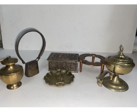 Tray of antique and vintage metalware including ornate box, pierced incesnse burner etc 