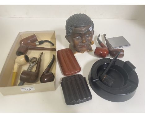 Vintage novelty pottery tobacco jar, pipes, cigar cases, etc. 