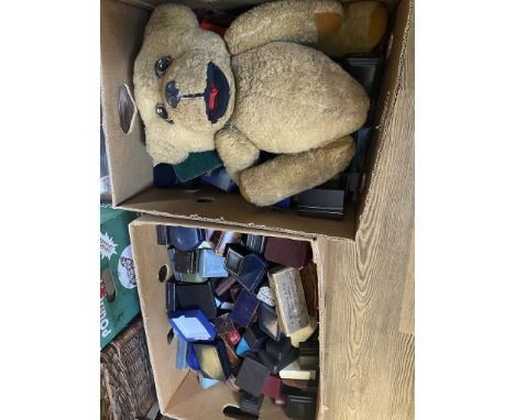 Two boxes containing jewellery boxes and a vintage teddy bear 