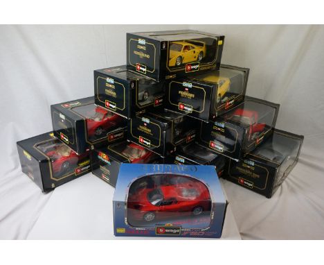 11 x Boxed 1:18 scale Burago models to include 2 x  Ferrari testarossa (1984) (3004 and 3019), 3022 Ferrari F40 (1987), 3027 